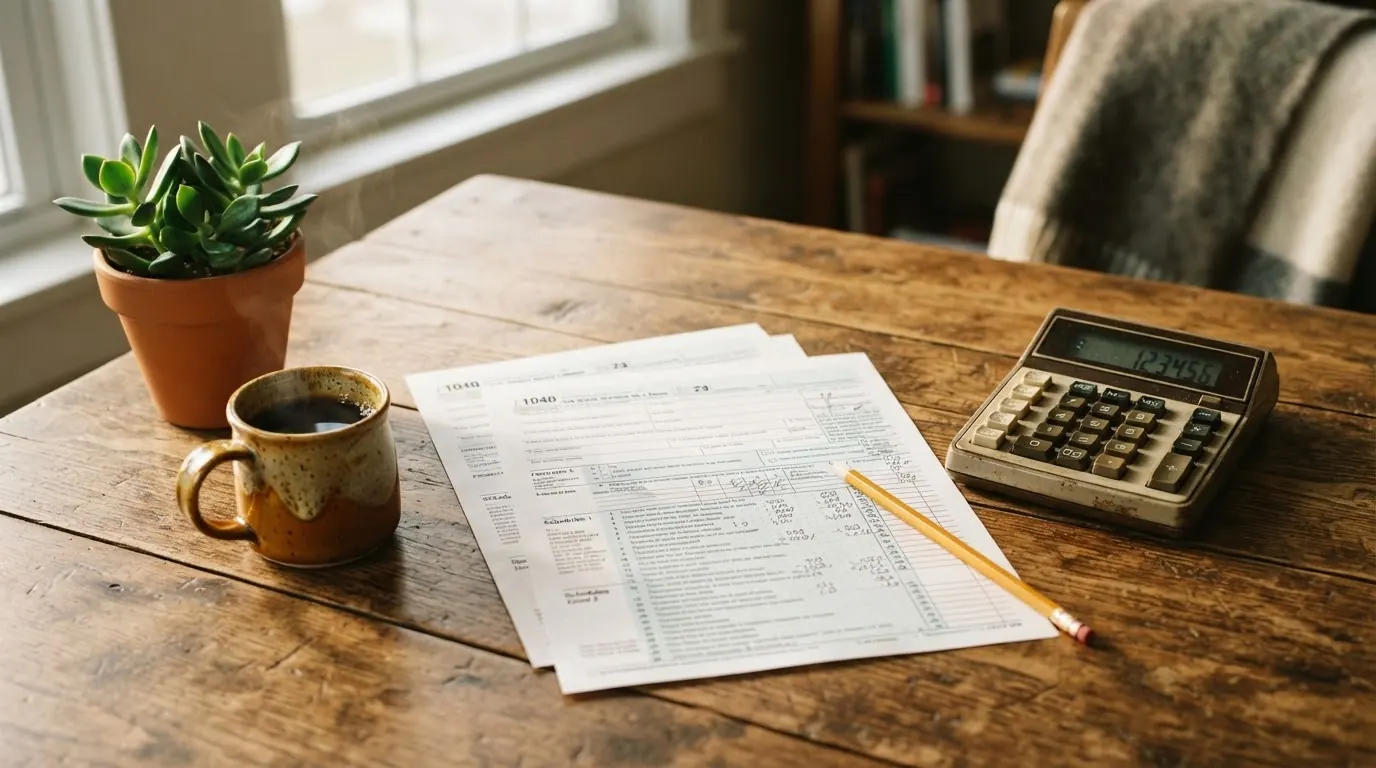 Escritorio de madera con formularios de impuestos, una calculadora, un lápiz y una taza de café